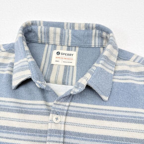 Sperry Flannel Button Down Shirt Mens Large Blue White Striped Preppy Coastal - Picture 6 of 10